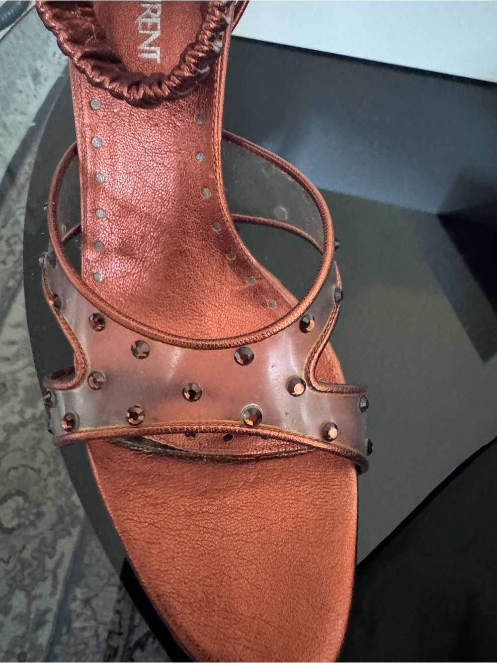 Yves Saint Laurent Metallic Copper Studded Ankle-Strap Heels - Picture 8 of 10